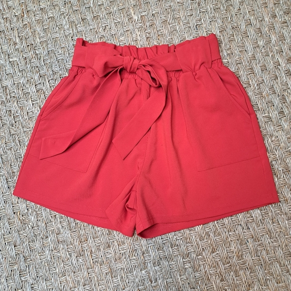 GRACE KARIN TIE WAIST PAPERBAG SHORTS WITH POCKETS, RED L - Picture 4 of 8